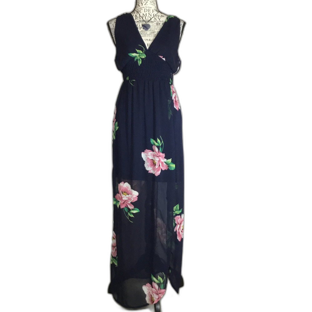 Sleeveless maxi dress side slit navy blue floral pattern sheer lined smocked S